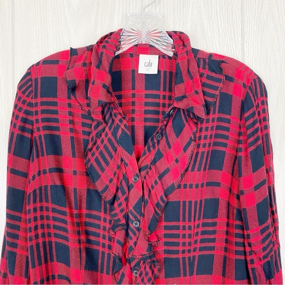 Cabi | Lodge Ruffle Red & Black Plaid Button Down Shirt Size XS - Picture 5 of 14